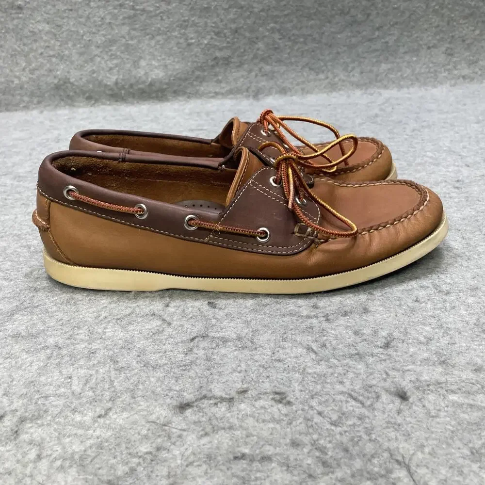 LL Bean Mens 8 D Brown Leather Boat Shoes Moc Toe Lace Up Casual